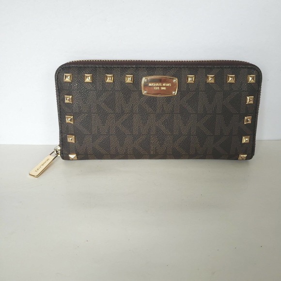 Michael Kors Handbags - MICHAEL KORS MK Studded Brown Gold Saffiano Leather Zip Around Wallet Clutch